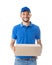 Smiling courier holding parcel box