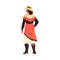 Smiling cowgirl in long skirt and hat back view flat style