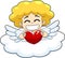 Smiling Cupid Baby Cartoon Character On Cloud With Red Heart