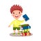 Smiling curly boy standing next to a pile of books, education and knowledge concept, colorful character Illustration