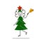 smiling curly girl wearing fir christmas tree costume and ringing bell, red star and green dress, cute female character