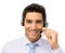 Smiling Customer Service Representative Talking On Headset