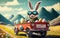 Smiling cute and cool cartoon style Easter bunny racing in retro car for Easter. Happy Easter Poster and template with
