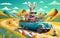 Smiling cute and cool cartoon style Easter bunny racing in retro car for Easter. Happy Easter Poster and template with