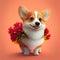 Smiling cute corgi holding bouquet in colorful flowers isolated warm background.