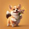 Smiling cute corgi holding bouquet in colorful flowers isolated warm background.