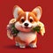 Smiling cute corgi holding bouquet in colorful flowers isolated warm background.