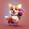 Smiling cute corgi holding bouquet in colorful flowers isolated warm background.