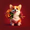 Smiling cute corgi holding bouquet in colorful flowers isolated warm background.