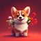 Smiling cute corgi holding bouquet in colorful flowers isolated warm background.