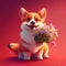Smiling cute corgi holding bouquet in colorful flowers isolated warm background.