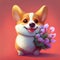 Smiling cute corgi holding bouquet in colorful flowers isolated warm background.