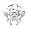 Smiling cute face of a little cook. Hand drawn vector drawing in cartoon style isolated on white background.