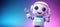 Smiling cute little robot with big eyes welcomes at pastel gradient background.