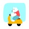 Smiling cute polar bear riding yellow moped outdoors