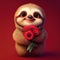 Smiling cute sloth holding bouquet in colorful flowers isolated warm background.