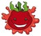 Smiling and cute tomato character over ketchup splash, Vector illustration