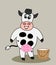 Smiling dairy cow with bucket full of fresh milk on colored background - vector