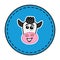 Smiling dairy cow head in blue circular panel with black line - vector