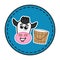 Smiling dairy cow head with bucket filled with fresh milk in blue circular panel - vector