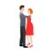 Smiling dancing pair of man in elegant costume and girl in a red dress. Vector illustration in flat cartoon style.