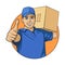 Smiling delivery man in blue uniform with box in hands shows Like.