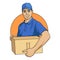 Smiling delivery man in blue uniform with box in hands on white background.