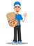 Smiling delivery man in blue uniform holding opened pizza box