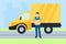 Smiling delivery man with cardboard box in front of car and cityscape. Concept of delivery of online shopping. Courier