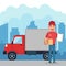 Smiling delivery man with cardbox courier and truck