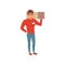 Smiling delivery man holding box on his shoulder. Courier service. Cartoon male character in working uniform red sweater