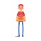 Smiling delivery man stands in cap and t-shirt holding pizza box cartoon style