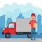 Smiling delivery man with truck courier