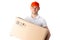 Smiling delivery service worker holds cardboad box. Service shipping and moving