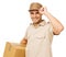 Smiling Deliveryman Carrying Cardboard Box