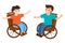 Smiling disabled kids boys sitting in wheelchair, communication, playing. Children`s friendship. Vector illustration