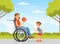 Smiling Disabled Woman in Wheelchair Playing Basketball with Little Boy Vector Illustration