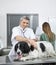 Smiling Doctor Examining Border Collie On Table
