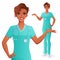Smiling doctor presenting. Woman in medical uniform. Isolated vector illustration.