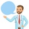 Smiling doctor with speech bubble. Happy physician. Vector