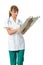 Smiling Doctor in white medical gown writing