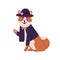 Smiling dog shiba inu breed wearing suit with bow and hat vector flat illustration. Friendly fashion domestic animal