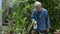 Smiling elderly gray hair Asian man in spectacles watering the plants with spray bottle in backyard. Caring plant.