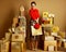 Smiling elegant shopper woman with shopping bag and red heart