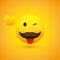Smiling Emoji - Simple Happy Winking Emoticon with Wawing Hand, Stuck Out Tongue and Mustache on Yellow Background