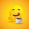 Smiling Emoticon with a Cup of Coffee and Outstretched Tongue Showing Thumbs Up - Simple Shiny Happy Emoticon on Yellow Background