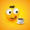 Smiling Emoticon with a Cup of Coffee, Pop Out Eyes and Outstretched Tongue - Simple Shiny Happy Emoticon on Yellow Background