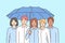 Smiling employees stand together under umbrella