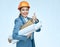 Smiling engineer architect woman showing thumb up. Isolated port