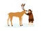 Smiling eskimo woman hugging reindeer vector flat illustration. Female in traditional folk costume standing with horned